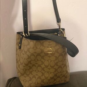 Coach Brown Signature Canvas Shoulder Bag with Black Trim